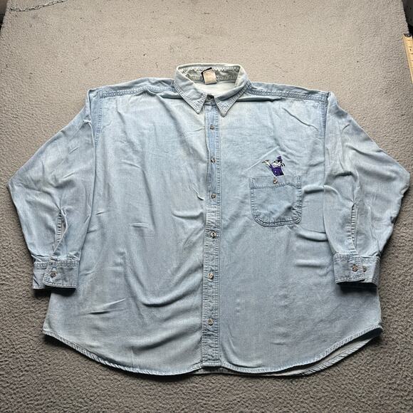 Vintage Mickey Unlimited Disney Denim Button Down Shirt Mens 2XL Goofy Chambray - Picture 1 of 12